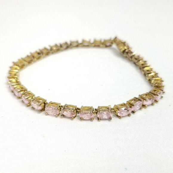 Vintage Sterling Silver Pink Oval Rhinestone Tennis Style Bracelet, Gold Overlay - Picture 1 of 8